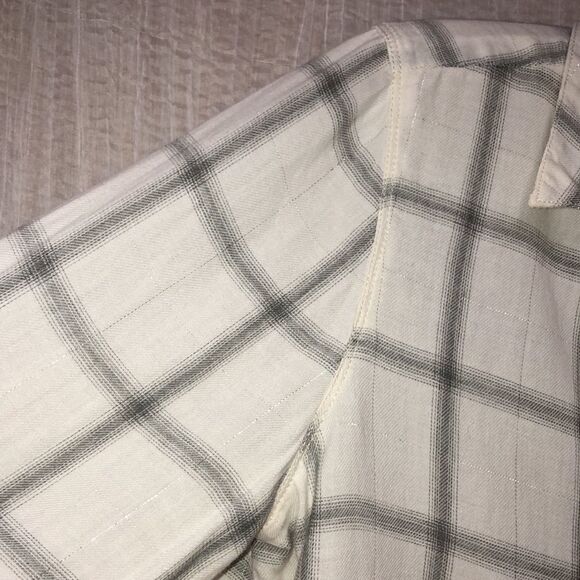 CK Jeans L Cotton White Gray Lurex Plaid Long Sleeve Snap Front Relaxed Shirt - Picture 6 of 15